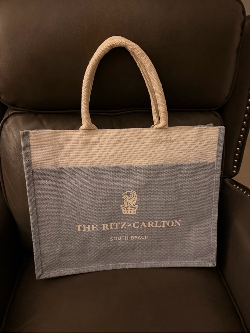 South Beach Two-Tone Canvas Tote Bag in Light Blue and Cream Linen with pocket